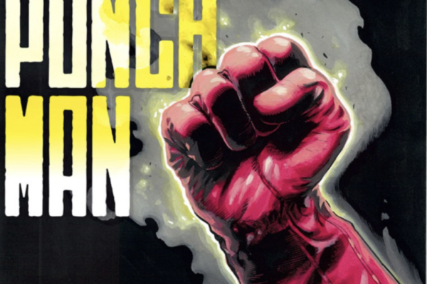 Opening Illustration of the first Chapter of One Punch Man Manga, A smoking fist encased in a red glove with the words, One Punch Man written in all caps in a bold yellow font.